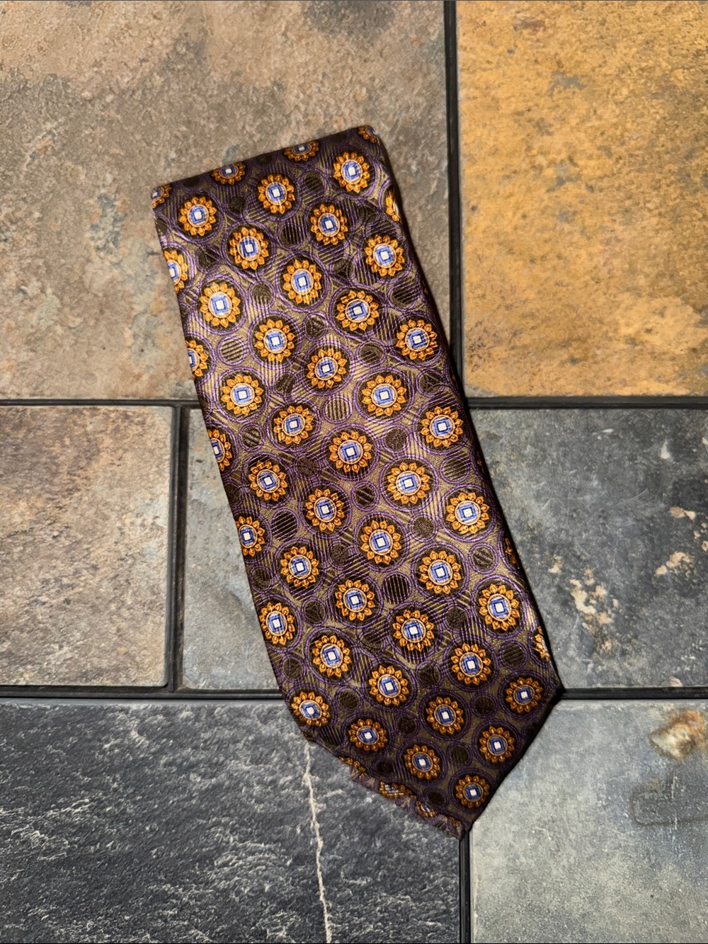 JZ Boulders Men's Purple Tie with Gold and Blue Medallion Pattern